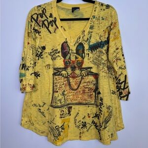Inoah art to wear quirky Yellow Graphic Print Women's Top size medium artsy dog